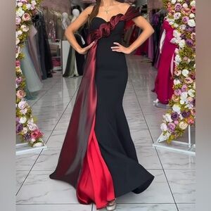 Black & Burgundy One-Shoulder Evening Gown